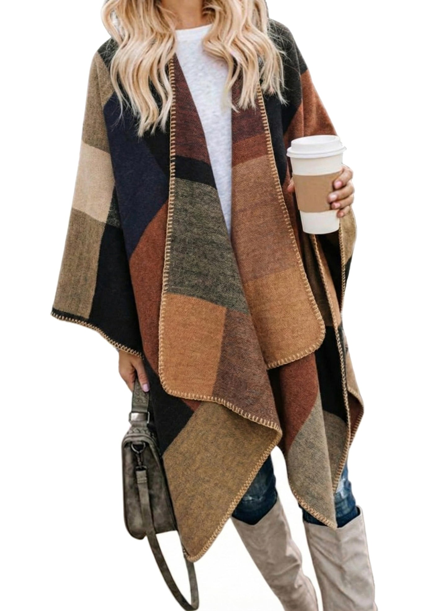 Bestshe Women's Boho Open Front Poncho Knitted Plaid Shawl Wrap Cape Tassel Cardigan Sweater