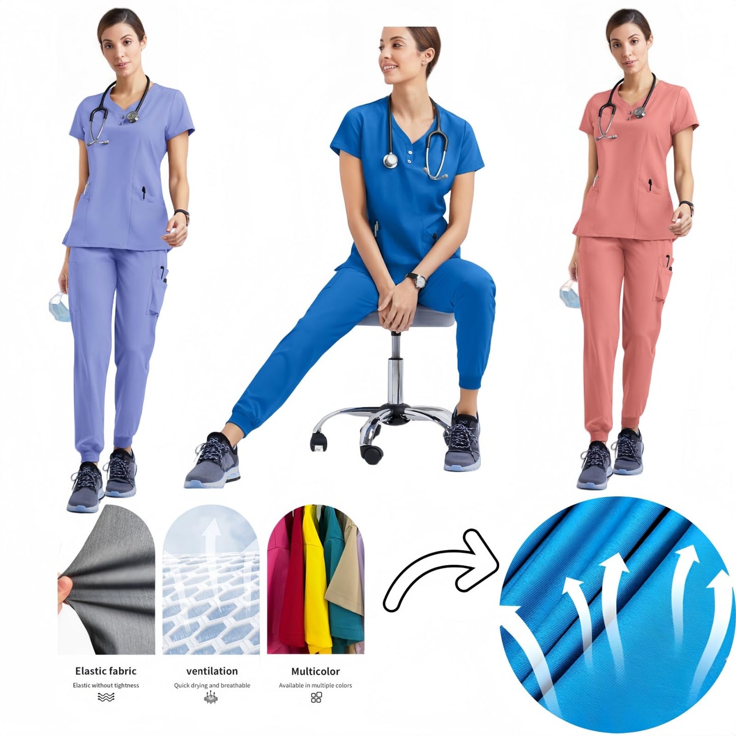 V-neck medical nurse uniform set, hospital work clothes, suitable for nurses, dentists, veterinarians，beautician