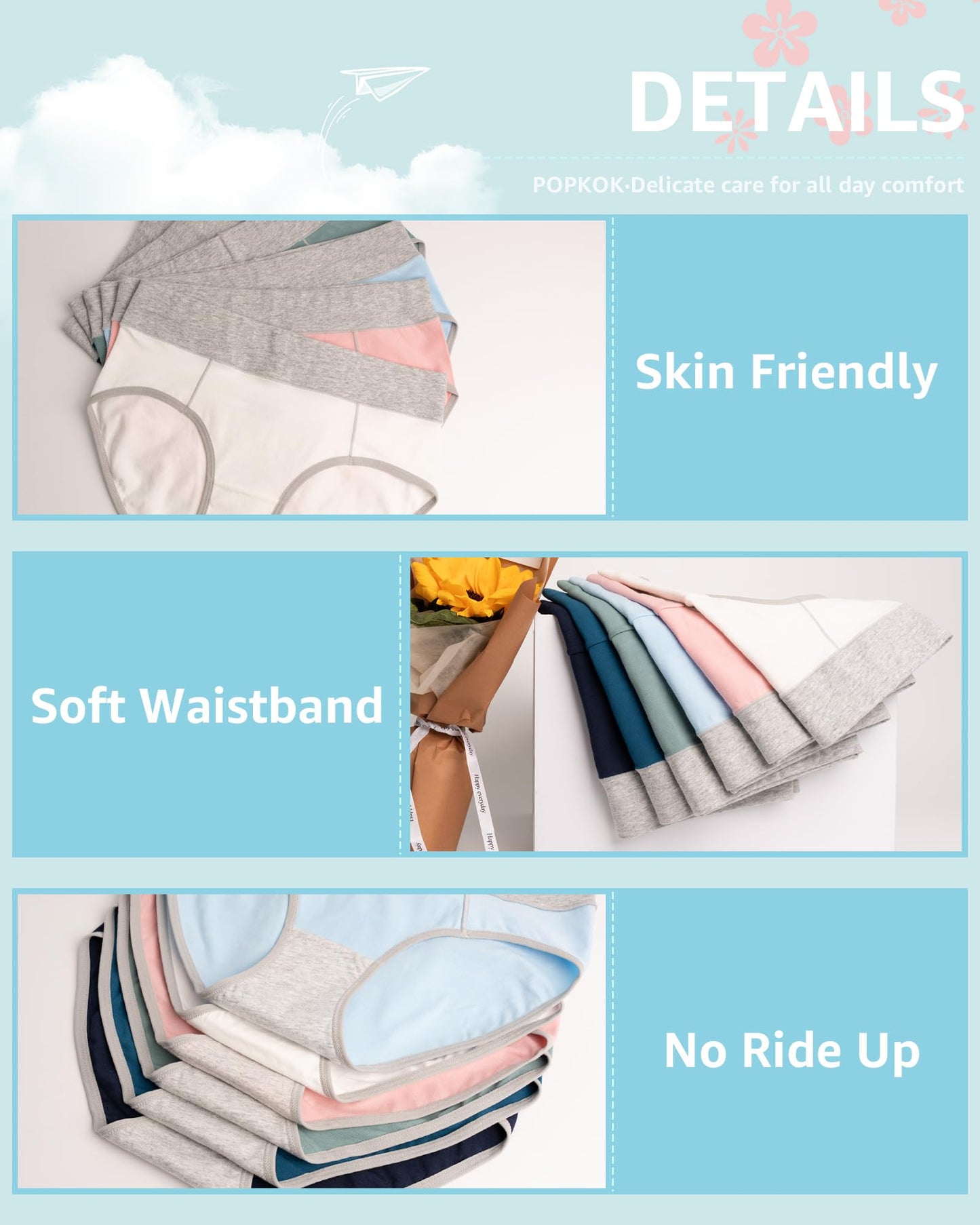 POPKOK Teen Girls Cotton Underwear Mid Waist Brief Panties 6 pack