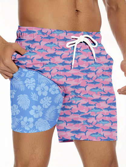 Men'S Summer Double-Layer Anti-Glare Beach Shorts, Casual Non-Stretch Fabric, Regular Fit with Flamingo Print