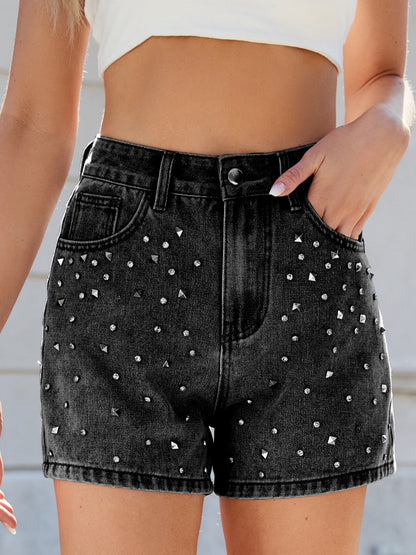 Rhinestone Washed High Waist Denim Shorts Black / S Medium / 2XL Black / M Black / S-Medium / 2XL-Black / M-Black / L-Black / XL-Black / 2XL-Medium / S-Medium / M-Medium / L-Medium / XL-