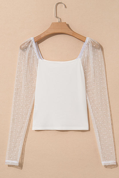 Swiss Dot Mesh Long Sleeve Square Neck Slim Top White / L White / M White / XL White / L-White / M-White / XL-White / S-