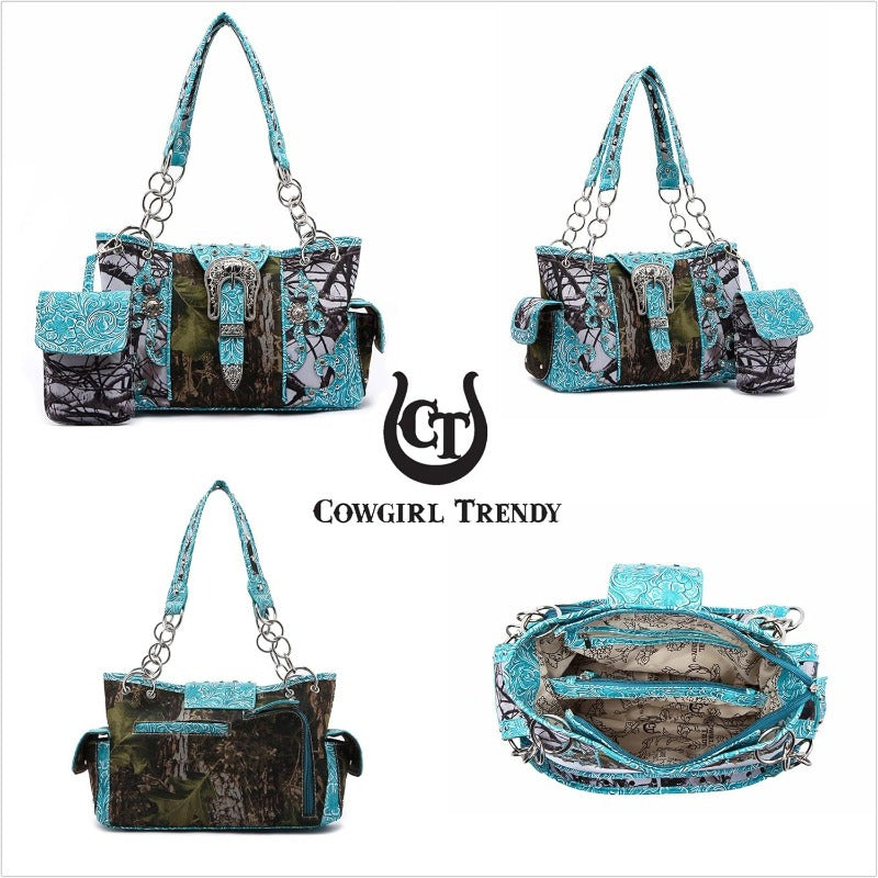 Camouflage Purse with Concho Buckle and Floral Studs Crossbody Handbag Shoulder Bag Wallet Set 4piece Set Black 4piece Set Turquoise 4piece Set Black-4piece Set Turquoise-