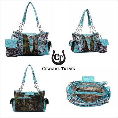 Camouflage Purse with Concho Buckle and Floral Studs Crossbody Handbag Shoulder Bag Wallet Set 4piece Set Black 4piece Set Turquoise 4piece Set Black-4piece Set Turquoise-