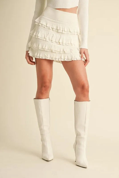 MABLE Ruffled Detail High Waist Knit Mini Skirt Cream / M Cream / S Cream / L Cream / M-Cream / S-Cream / L-