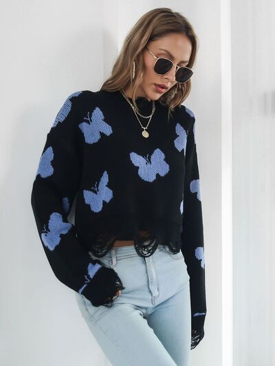Distressed Butterfly Cropped Sweater White / S White / M White / L White / S-White / M-White / L-Black / S-Black / M-Black / L-Blush Pink / S-Blush Pink / M-Blush Pink / L-