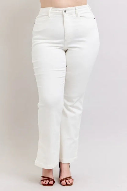 Judy Blue Full Size High Waist Side Slit Slim Bootcut Jeans Plus Size WHT / 14W WHT / 11(30) WHT / 0(24) WHT / 14W-WHT / 11(30)-WHT / 0(24)-WHT / 1(25)-WHT / 3(26)-WHT / 5(27)-WHT / 7(28)-WHT / 9(29)-WHT / 13(31)-WHT / 15(32)-WHT / 16W-WHT / 18W-WHT / 20W-WHT / 22W-WHT / 24W-
