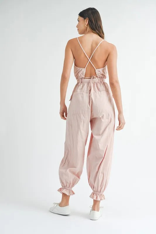 MABLE Washed Fabric Spaghetti Strap Waist Belted Jumpsuit Pink / S Pink / M Pink / L Pink / S-Pink / M-Pink / L-