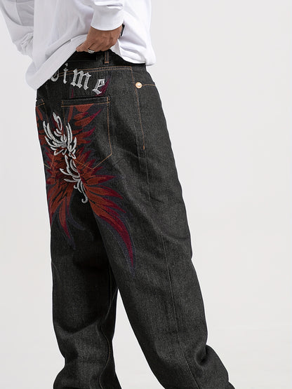Men's Embroidered Straight-Leg Jeans - Rayon Blend, Non-Stretch Denim 30 / Black 32 / Black 34 / Black 30 / Black-32 / Black-34 / Black-36 / Black-38 / Black-40 / Black-42 / Black-