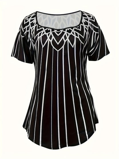 Women's Summer Casual T-Shirt | Black & White Striped Pattern | Square Neckline | Polyester-Elastane Blend | Medium Elasticity | Machine Washable | Short Sleeve Top for Daily Wear