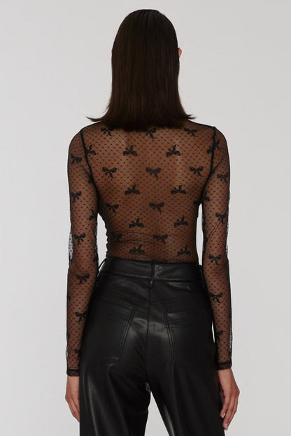 Black Bow Pattern Accent Mesh Long Sleeve Top Black / S / 90%Polyamide+10%Elastane Black / M / 90%Polyamide+10%Elastane Black / L / 90%Polyamide+10%Elastane Black / S / 90%Polyamide+10%Elastane-Black / M / 90%Polyamide+10%Elastane-Black / L / 90%Polyamide+10%Elastane-Black / XL / 90%Polyamide+10%Elastane-