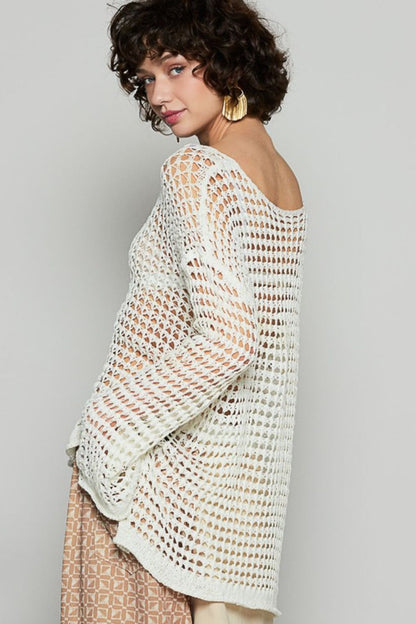 POL Side Slit Openwork Long Sleeve Knit Cover Up