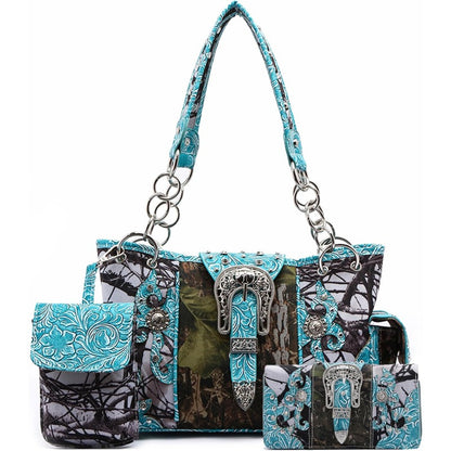 Camouflage Purse with Concho Buckle and Floral Studs Crossbody Handbag Shoulder Bag Wallet Set 4piece Set Black 4piece Set Turquoise 4piece Set Black-4piece Set Turquoise-