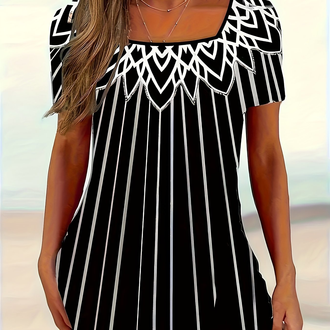 Women's Summer Casual T-Shirt | Black & White Striped Pattern | Square Neckline | Polyester-Elastane Blend | Medium Elasticity | Machine Washable | Short Sleeve Top for Daily Wear