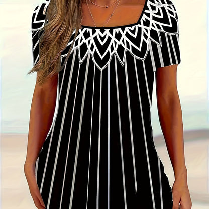 Women's Summer Casual T-Shirt | Black & White Striped Pattern | Square Neckline | Polyester-Elastane Blend | Medium Elasticity | Machine Washable | Short Sleeve Top for Daily Wear