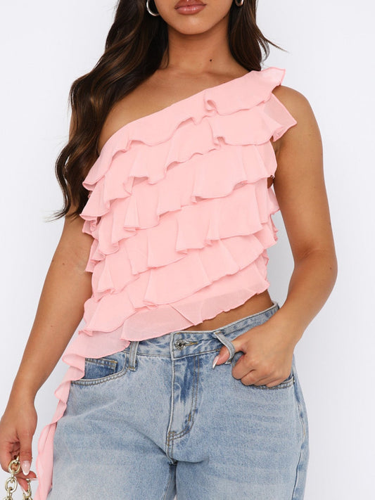Layered Ruffled One Shoulder Tank Watermelon pink / S Watermelon pink / M Watermelon pink / L Watermelon pink / S-Watermelon pink / M-Watermelon pink / L-Watermelon pink / XL-Black / S-Black / M-Black / L-Black / XL-