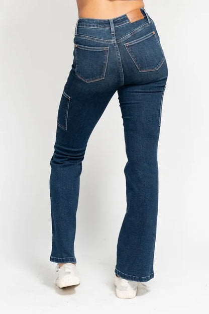 Judy Blue Full Size High Waist Cargo Bootcut Jeans Plus Size DK / 1(25) DK / 3(26) DK / 5(27) DK / 1(25)-DK / 3(26)-DK / 5(27)-DK / 7(28)-DK / 9(29)-DK / 11(30)-DK / 13(31)-DK / 15(32)-DK / 14W-DK / 16W-DK / 18W-DK / 20W-DK / 22W-DK / 24W-DK / 0(24)-