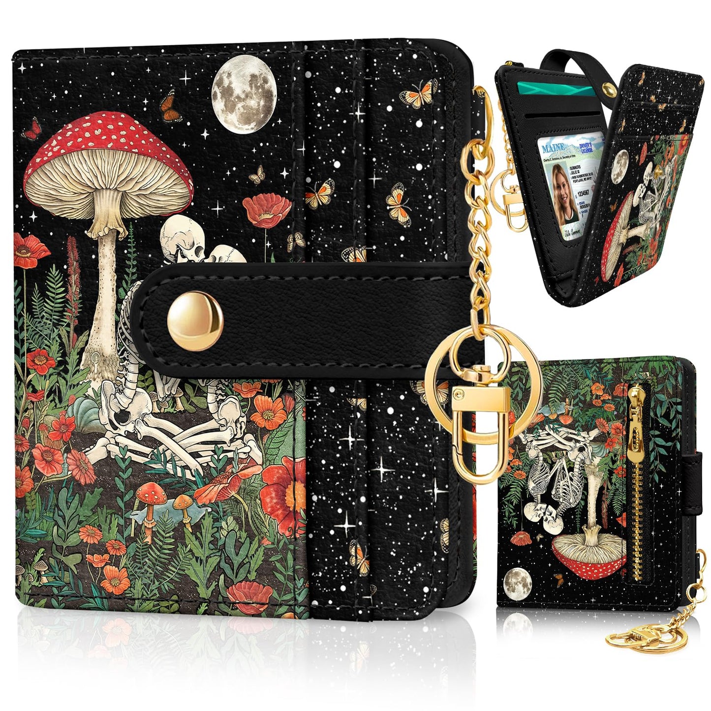 Black Cat Floral Rfid Women Wallet, Small Slim Thin Credit Card Wallet, PU Leather Bifold Cash Zipper Coin Pocket ID Window for Female Ladies Teen Girls Girly