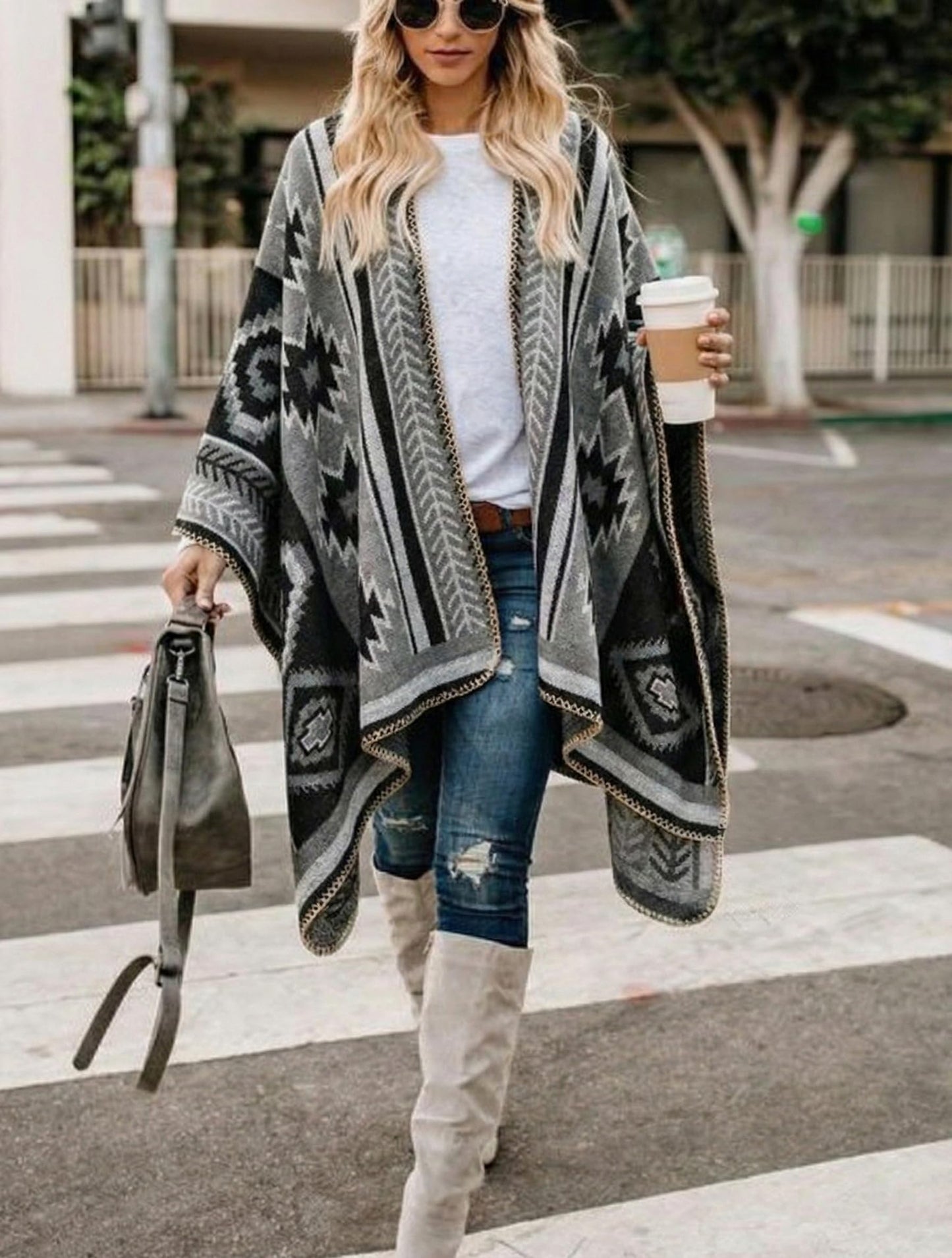 Bestshe Women's Boho Open Front Poncho Knitted Plaid Shawl Wrap Cape Tassel Cardigan Sweater
