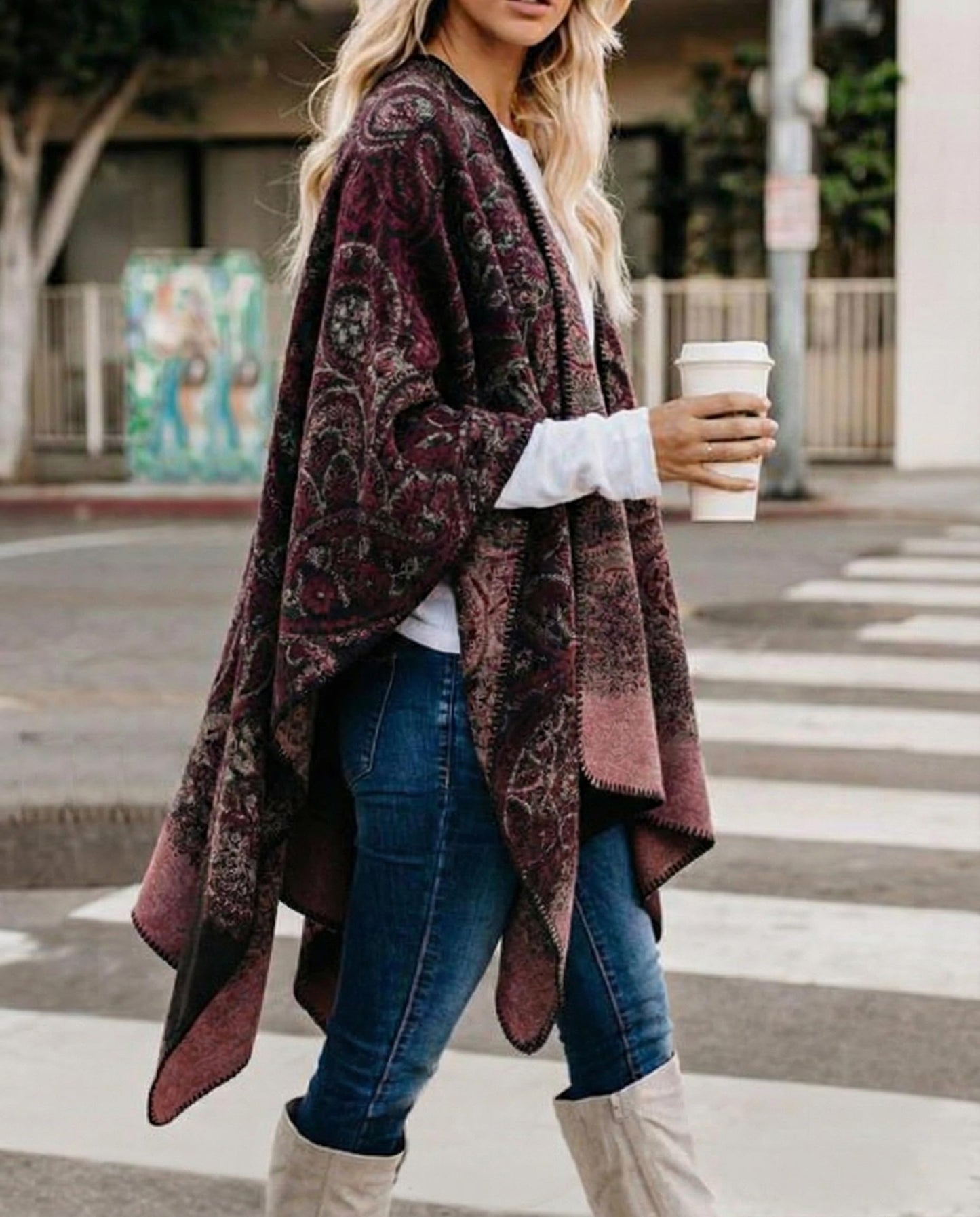 Bestshe Women's Boho Open Front Poncho Knitted Plaid Shawl Wrap Cape Tassel Cardigan Sweater