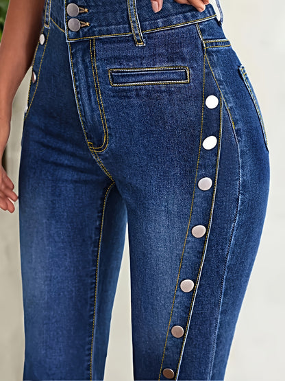 Vintage Style Plus Size Flared Jeans for Women, High Waist Denim with Button Detail Bell Bottoms