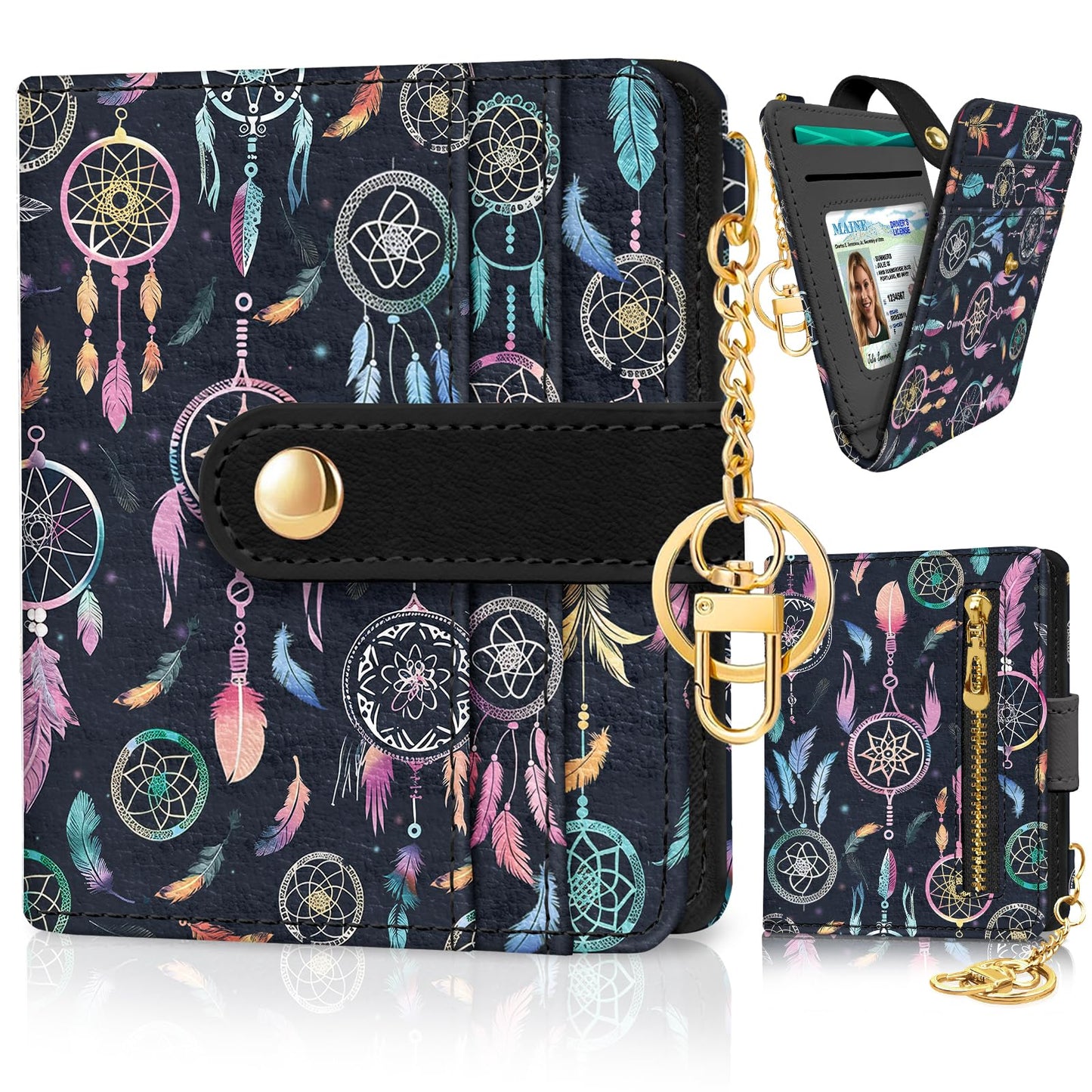 Black Cat Floral Rfid Women Wallet, Small Slim Thin Credit Card Wallet, PU Leather Bifold Cash Zipper Coin Pocket ID Window for Female Ladies Teen Girls Girly
