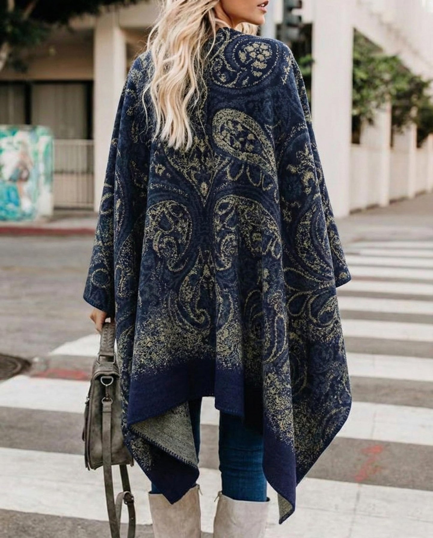 Bestshe Women's Boho Open Front Poncho Knitted Plaid Shawl Wrap Cape Tassel Cardigan Sweater