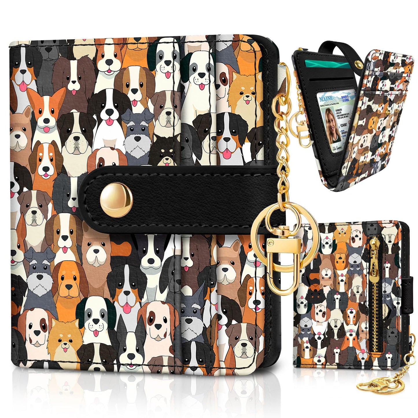 Black Cat Floral Rfid Women Wallet, Small Slim Thin Credit Card Wallet, PU Leather Bifold Cash Zipper Coin Pocket ID Window for Female Ladies Teen Girls Girly