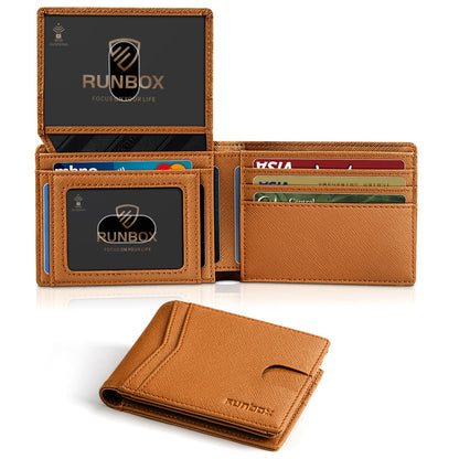 RUNBOX Wallet for Men Slim Rfid Leather 2 ID Window With Gift Box