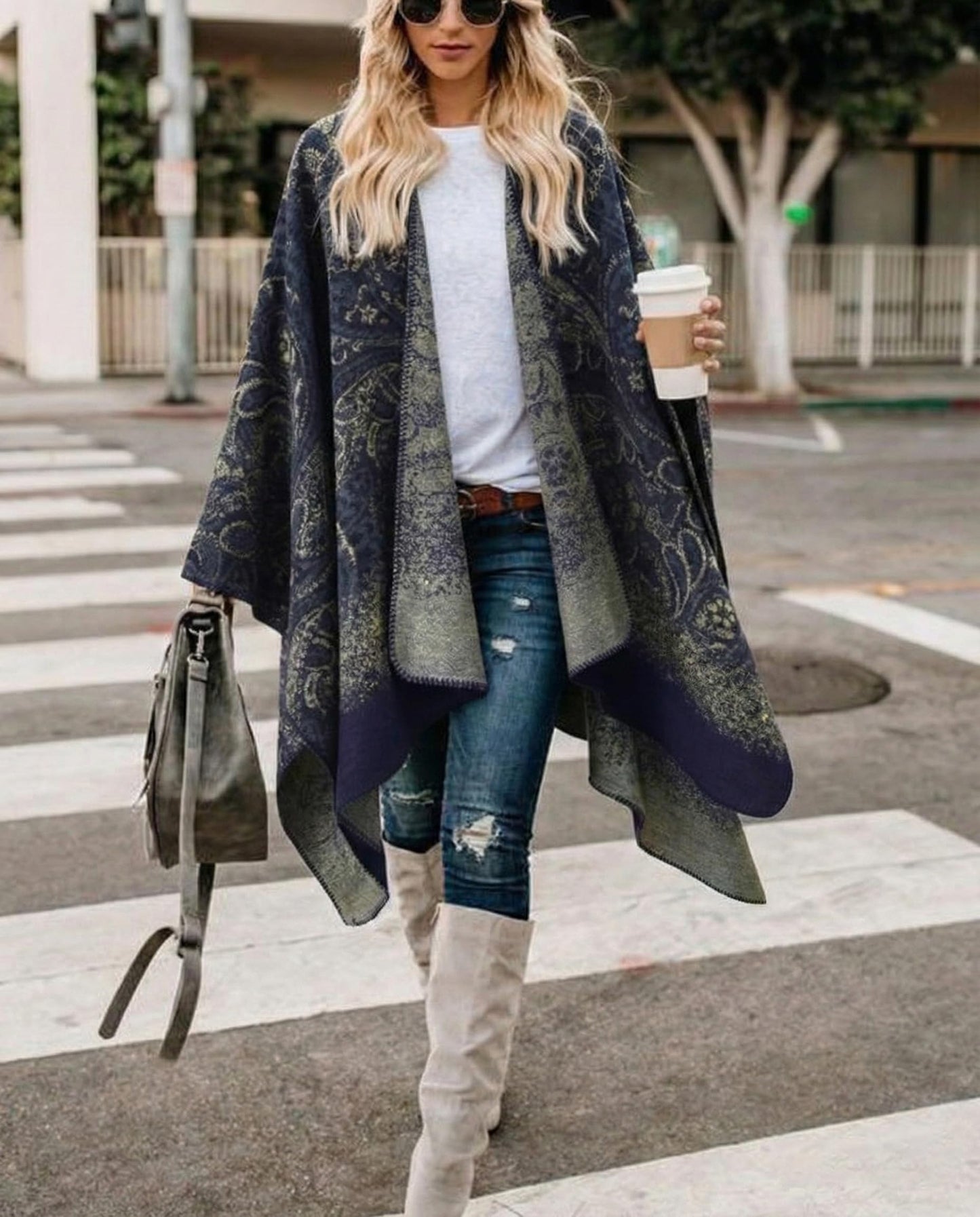 Bestshe Women's Boho Open Front Poncho Knitted Plaid Shawl Wrap Cape Tassel Cardigan Sweater