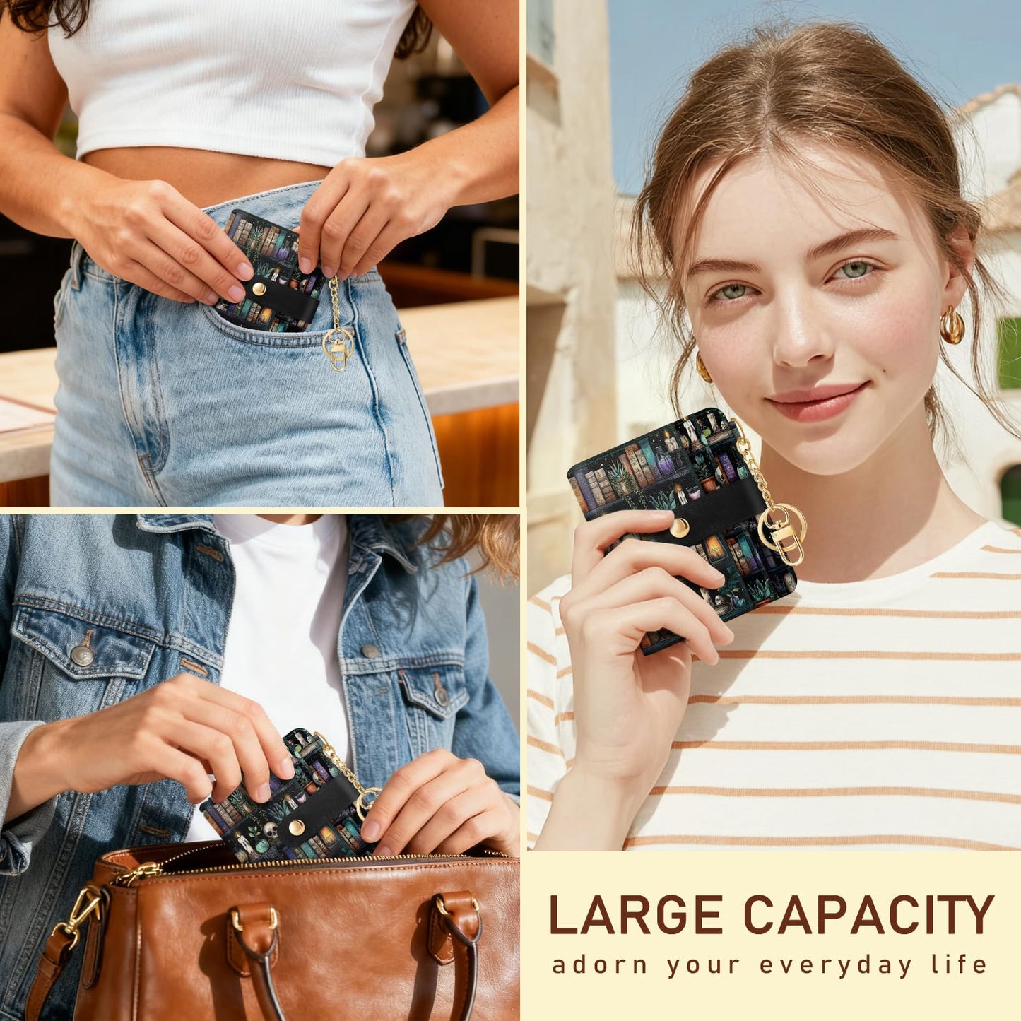 Black Cat Floral Rfid Women Wallet, Small Slim Thin Credit Card Wallet, PU Leather Bifold Cash Zipper Coin Pocket ID Window for Female Ladies Teen Girls Girly