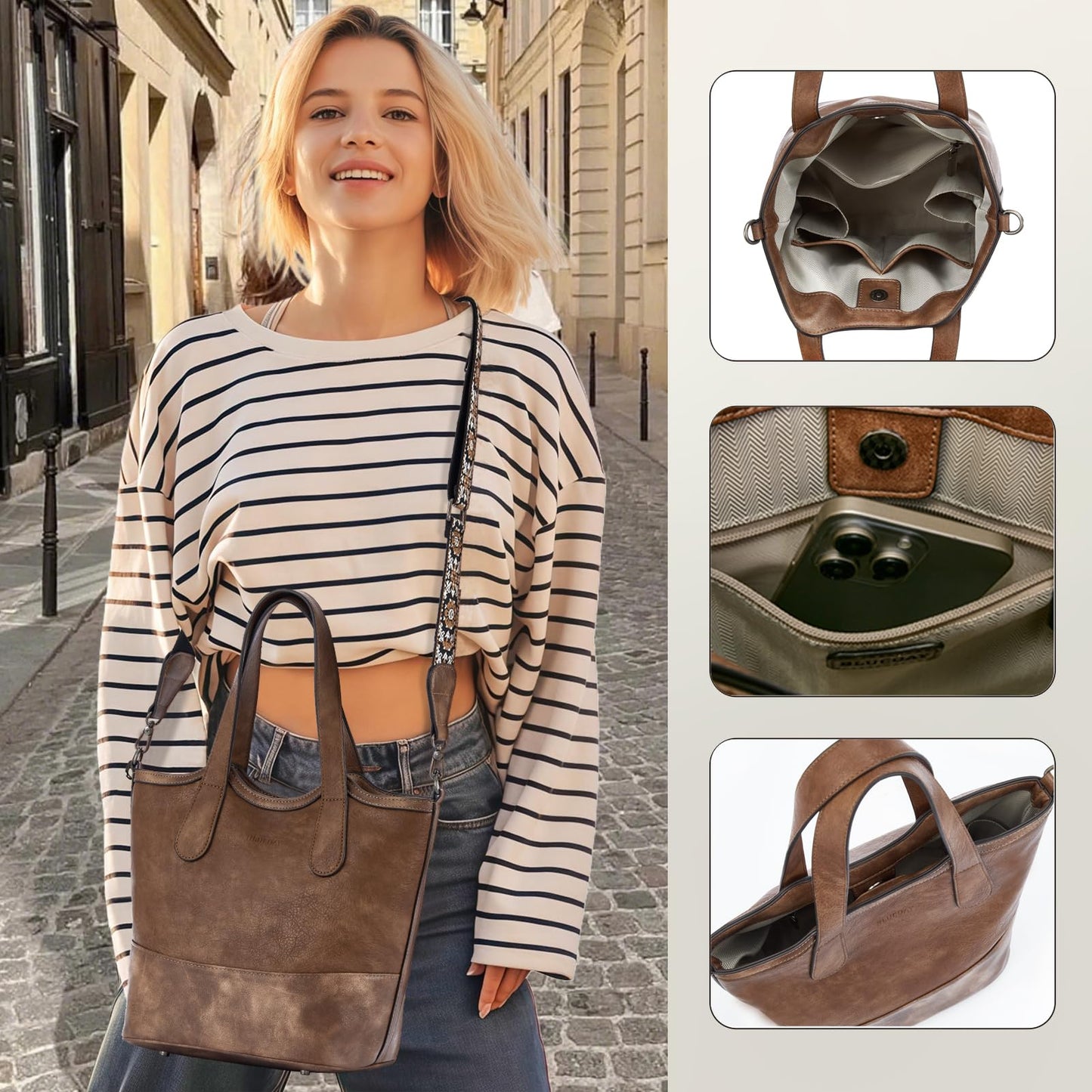 Top Handle Crossbody Bags for Women,Vegan Leather Bucket Purses for Women,Satchel Handbag with 2 Bottle Holder Pocket