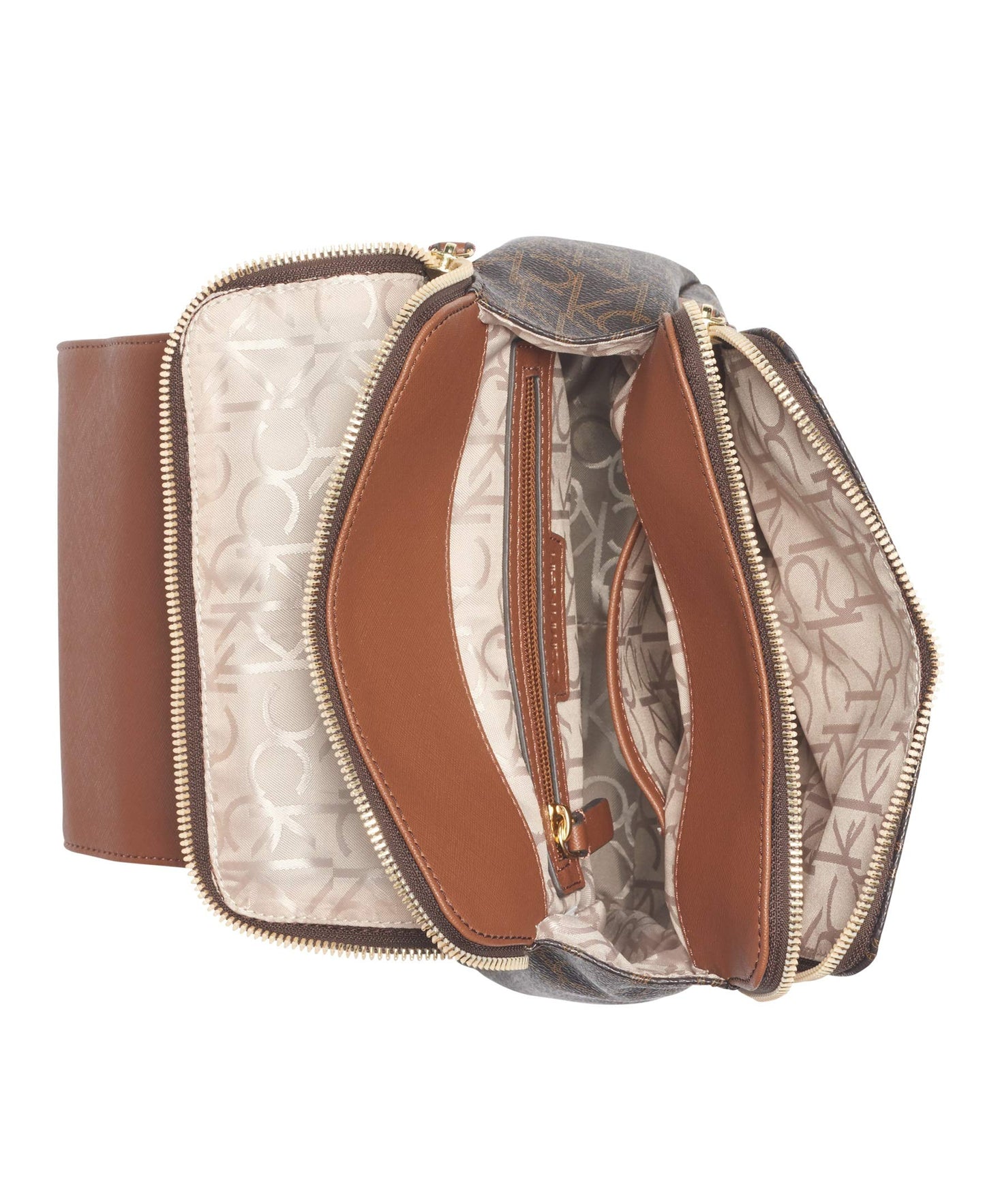 Calvin Klein Women's Elaine Signature Key Item Flap Backpack, Brown/Khaki/Luggage Saffiano, One Size