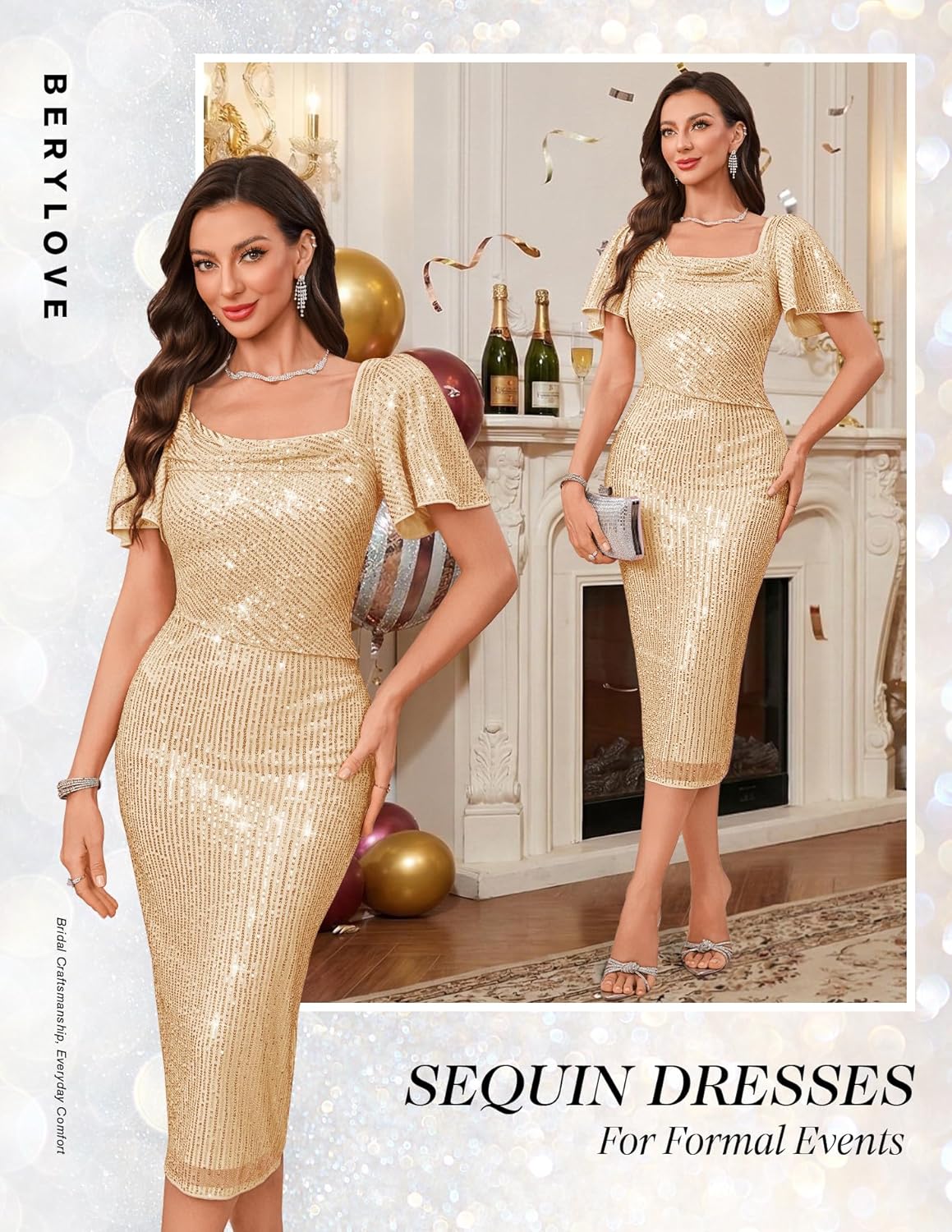 BeryLove Women Sequin Cocktail Formal Party Dress Sparkly Classy Evening Dresses