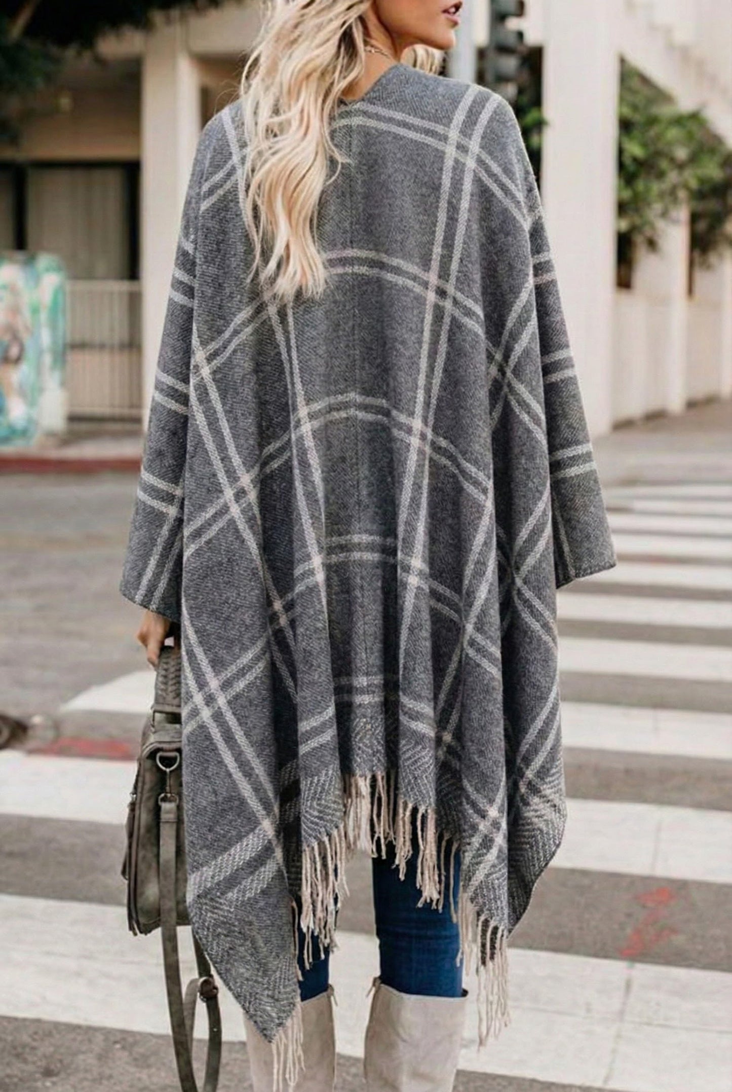 Bestshe Women's Boho Open Front Poncho Knitted Plaid Shawl Wrap Cape Tassel Cardigan Sweater