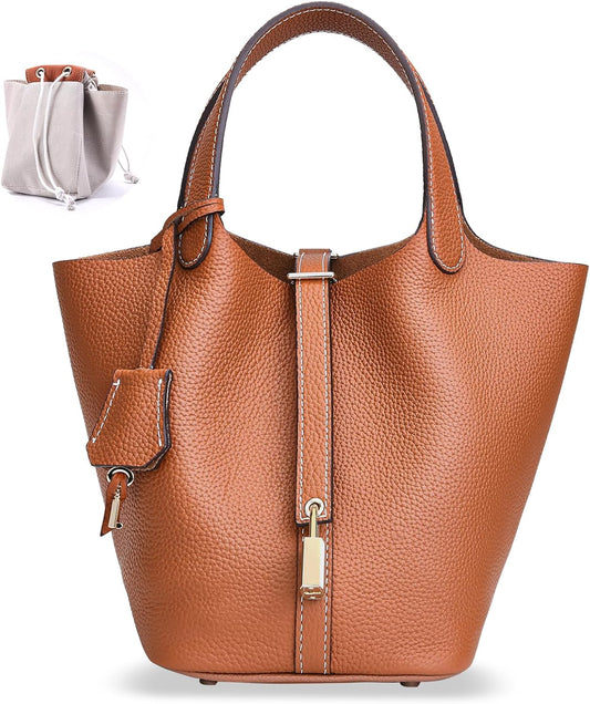 Designer Leather Bucket Bags for Women: Trendy Genuine Leather Tote Purses - Luxury Satchel Top-Handle Handbags for Travel