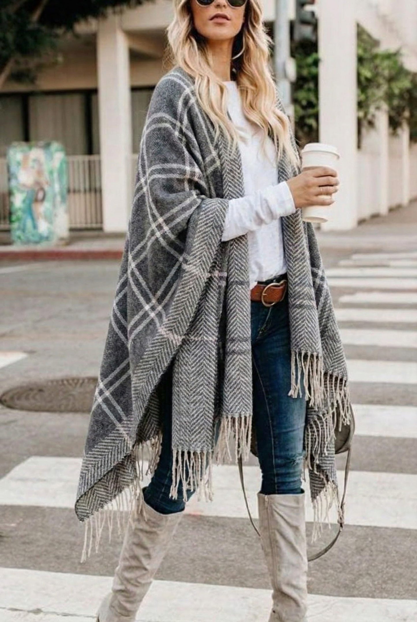 Bestshe Women's Boho Open Front Poncho Knitted Plaid Shawl Wrap Cape Tassel Cardigan Sweater