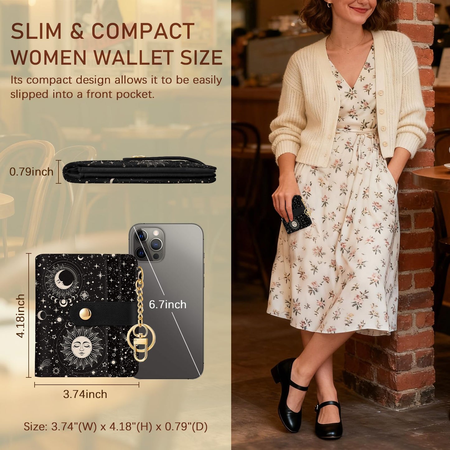 Black Cat Floral Rfid Women Wallet, Small Slim Thin Credit Card Wallet, PU Leather Bifold Cash Zipper Coin Pocket ID Window for Female Ladies Teen Girls Girly