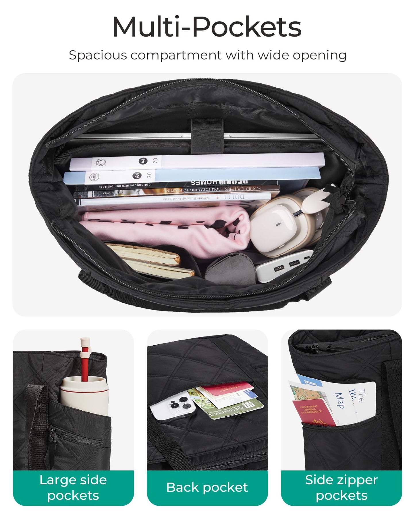 BAGSMART Crush Tote Bag for Women, 20L Puffer Work Tote with Zipper, Travel Essentials Quilted Nurse Hospital Bag