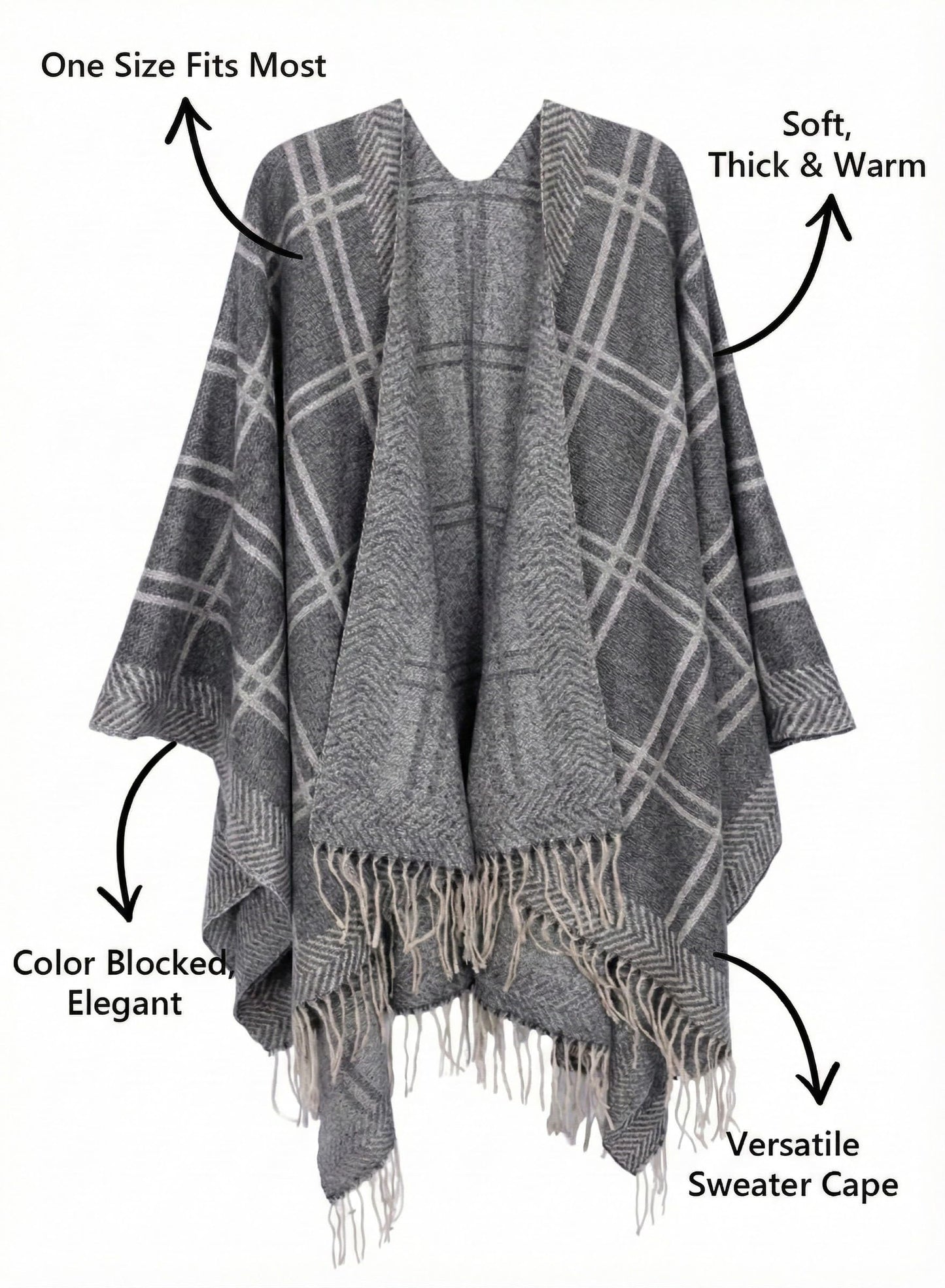 Bestshe Women's Boho Open Front Poncho Knitted Plaid Shawl Wrap Cape Tassel Cardigan Sweater