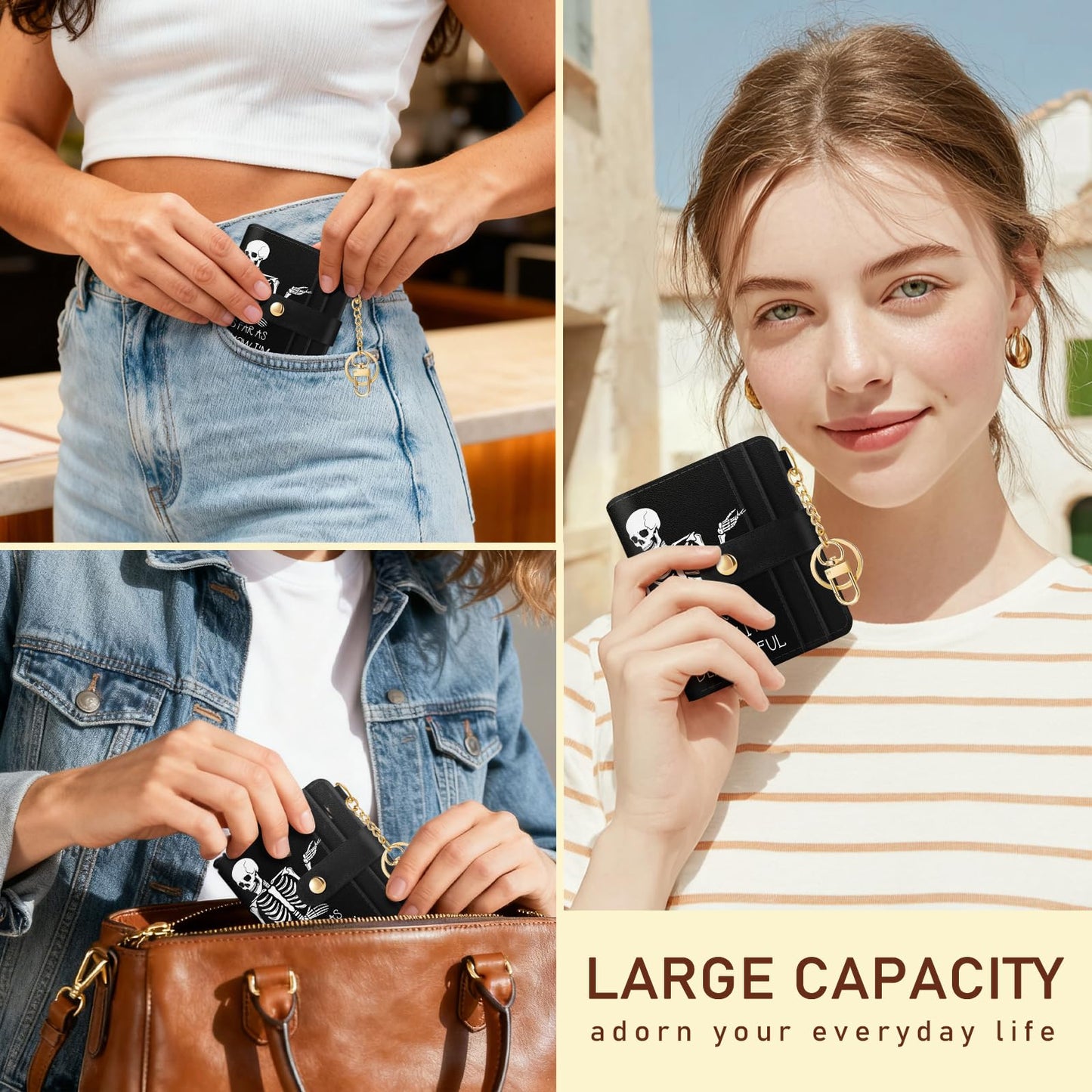 Black Cat Floral Rfid Women Wallet, Small Slim Thin Credit Card Wallet, PU Leather Bifold Cash Zipper Coin Pocket ID Window for Female Ladies Teen Girls Girly