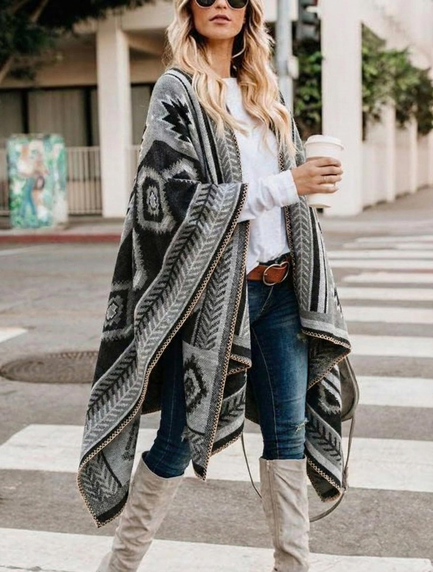 Bestshe Women's Boho Open Front Poncho Knitted Plaid Shawl Wrap Cape Tassel Cardigan Sweater