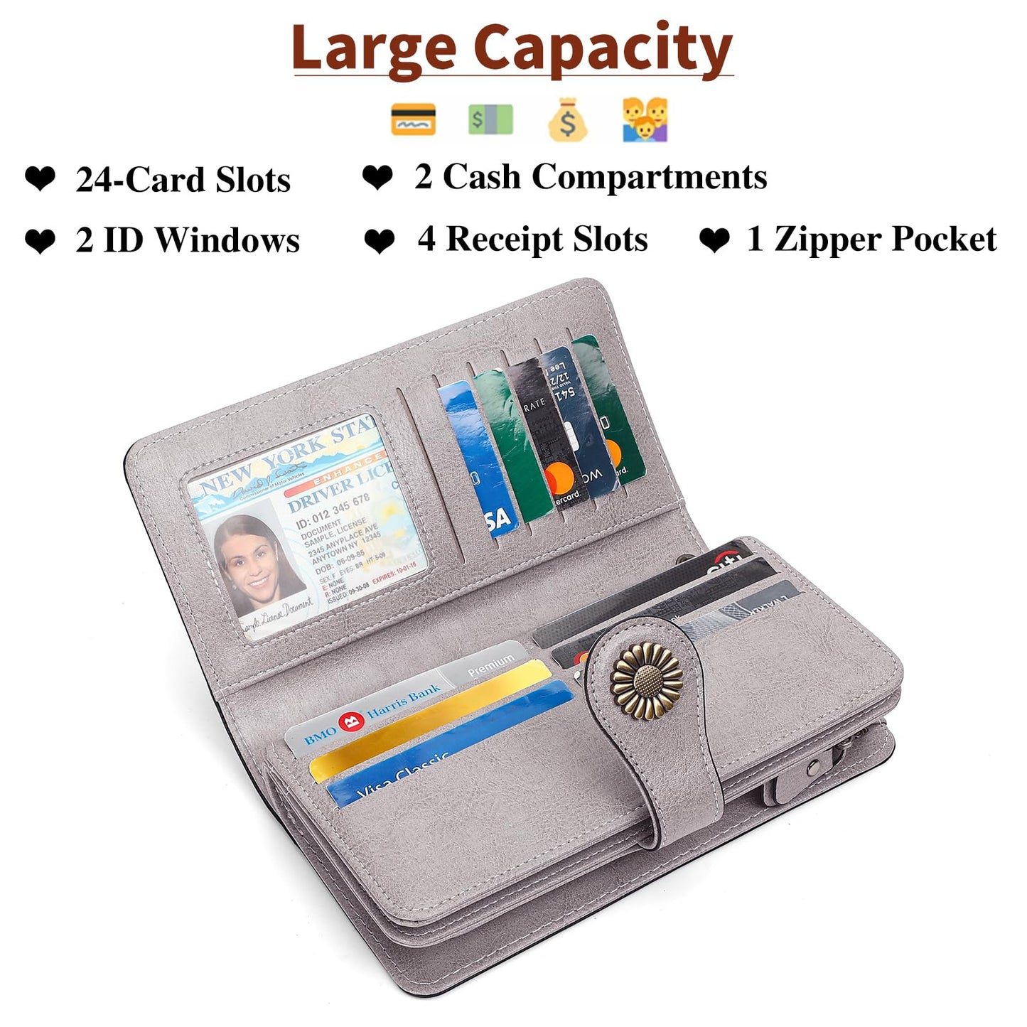 SENDEFN Wallets for Women Leather Credit Card Holder with RFID Blocking Large Capacity Wristlet