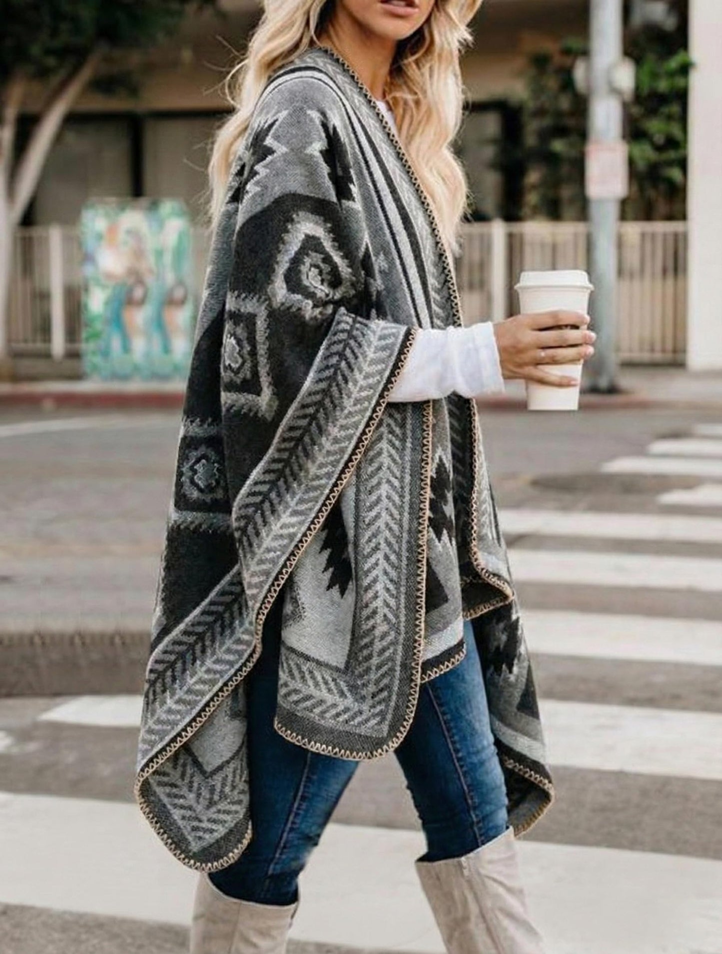 Bestshe Women's Boho Open Front Poncho Knitted Plaid Shawl Wrap Cape Tassel Cardigan Sweater