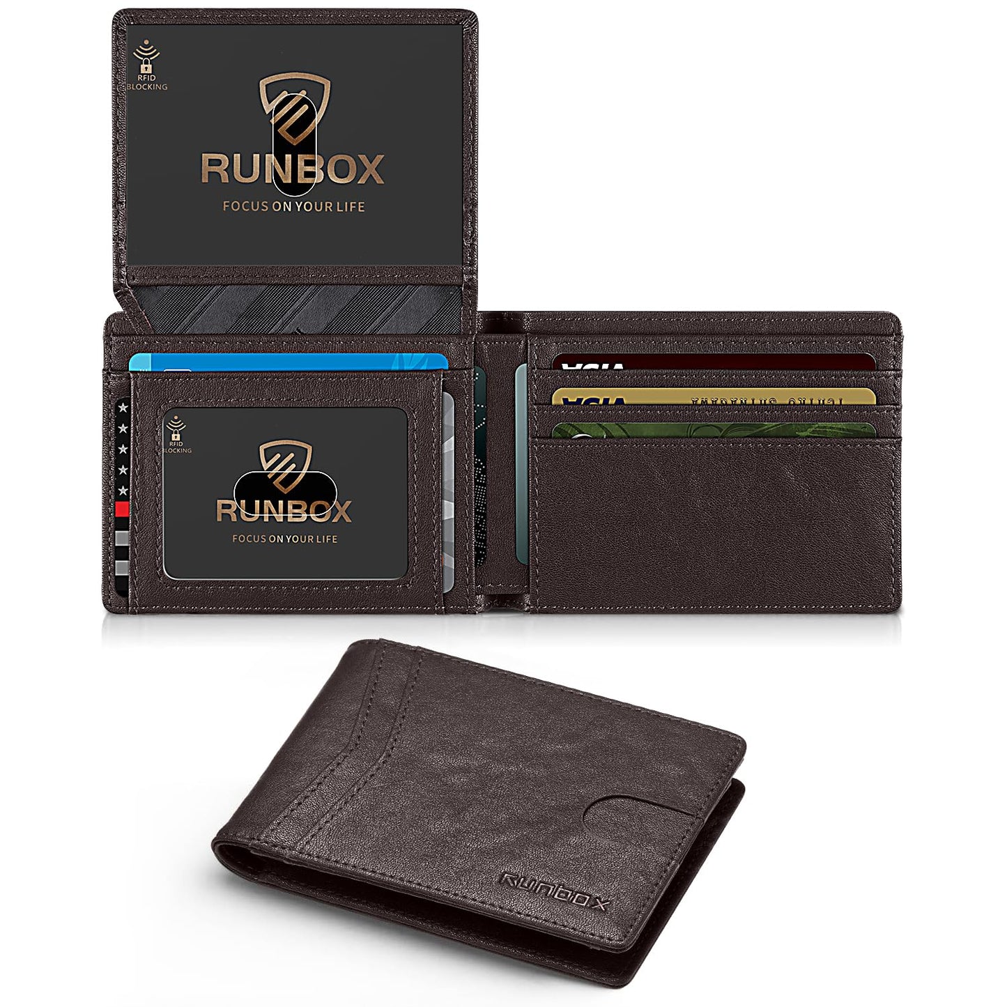 RUNBOX Wallet for Men Slim Rfid Leather 2 ID Window With Gift Box