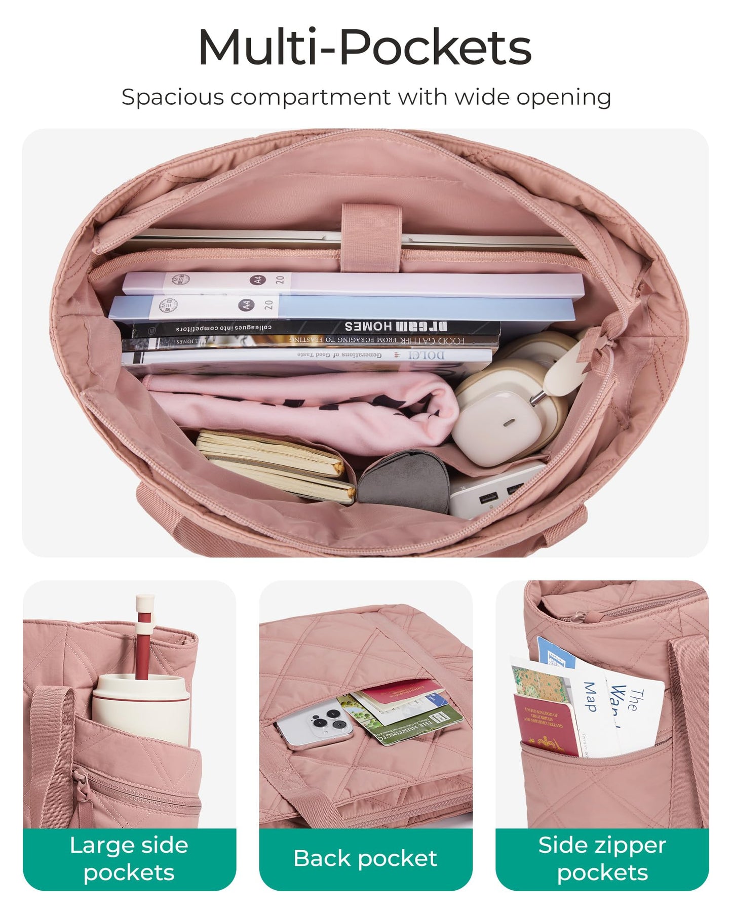 BAGSMART Crush Tote Bag for Women, 20L Puffer Work Tote with Zipper, Travel Essentials Quilted Nurse Hospital Bag