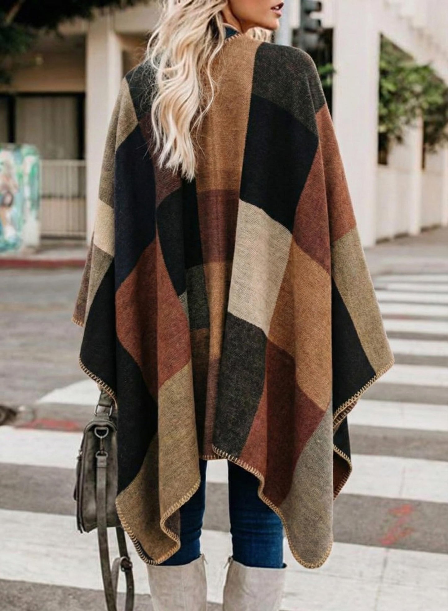 Bestshe Women's Boho Open Front Poncho Knitted Plaid Shawl Wrap Cape Tassel Cardigan Sweater