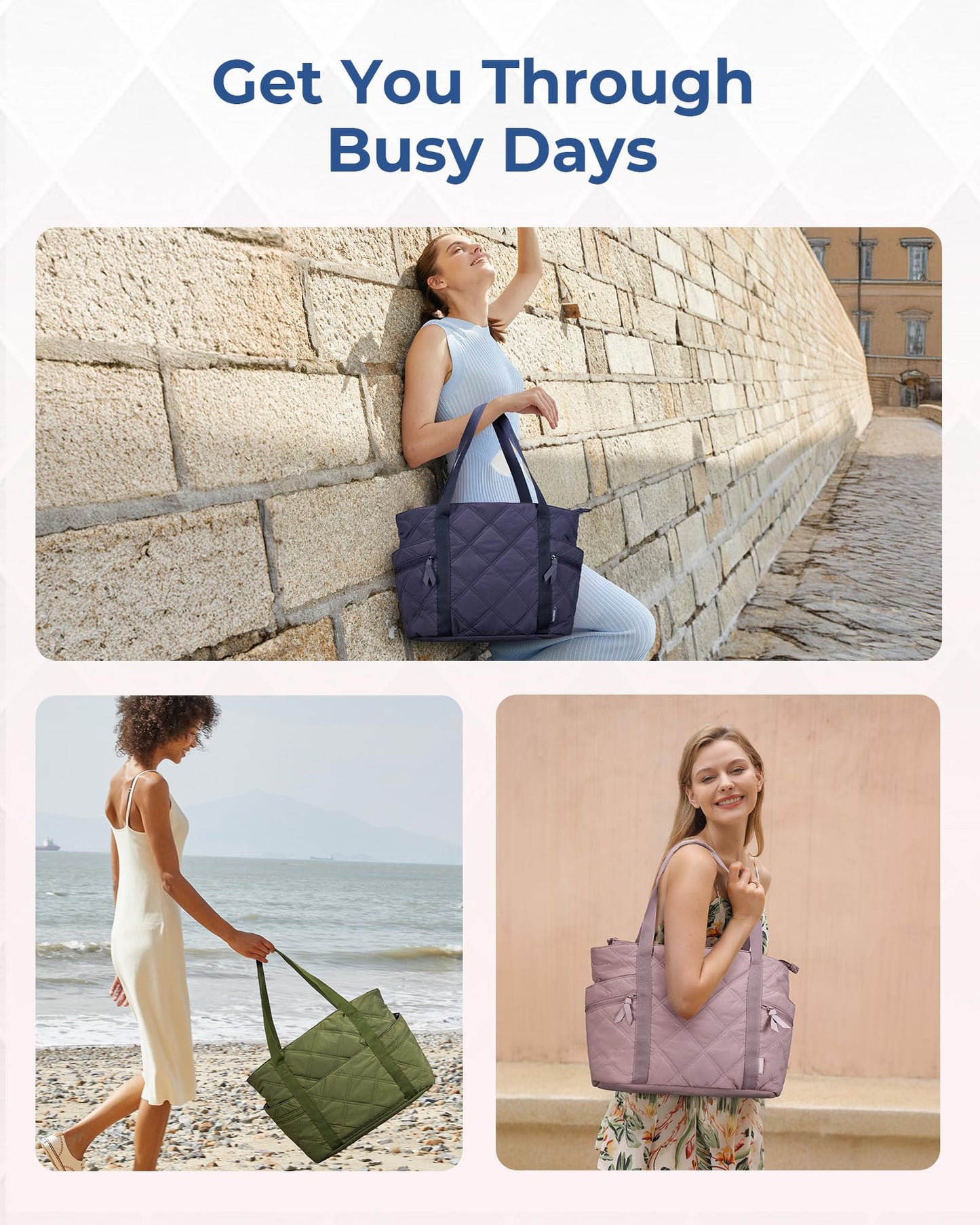 BAGSMART Crush Tote Bag for Women, 20L Puffer Work Tote with Zipper, Travel Essentials Quilted Nurse Hospital Bag