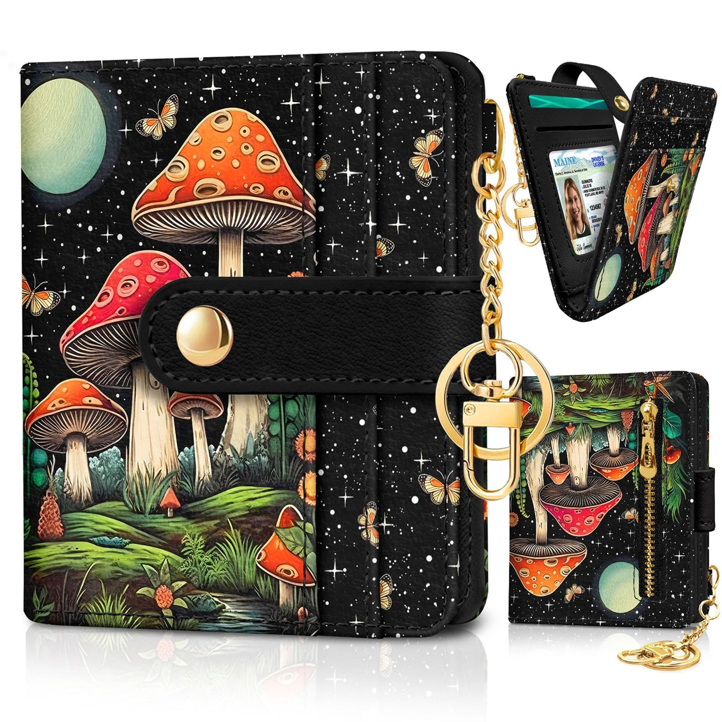 Black Cat Floral Rfid Women Wallet, Small Slim Thin Credit Card Wallet, PU Leather Bifold Cash Zipper Coin Pocket ID Window for Female Ladies Teen Girls Girly