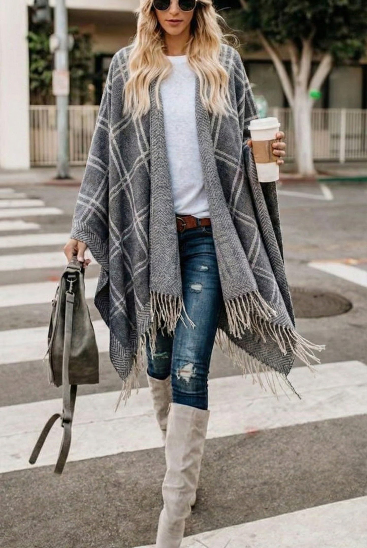 Bestshe Women's Boho Open Front Poncho Knitted Plaid Shawl Wrap Cape Tassel Cardigan Sweater